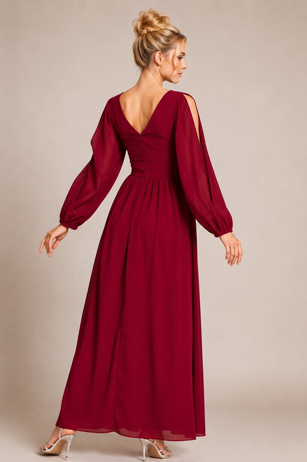 Phoebe Burgundy Bishop Sleeved Evening Dress