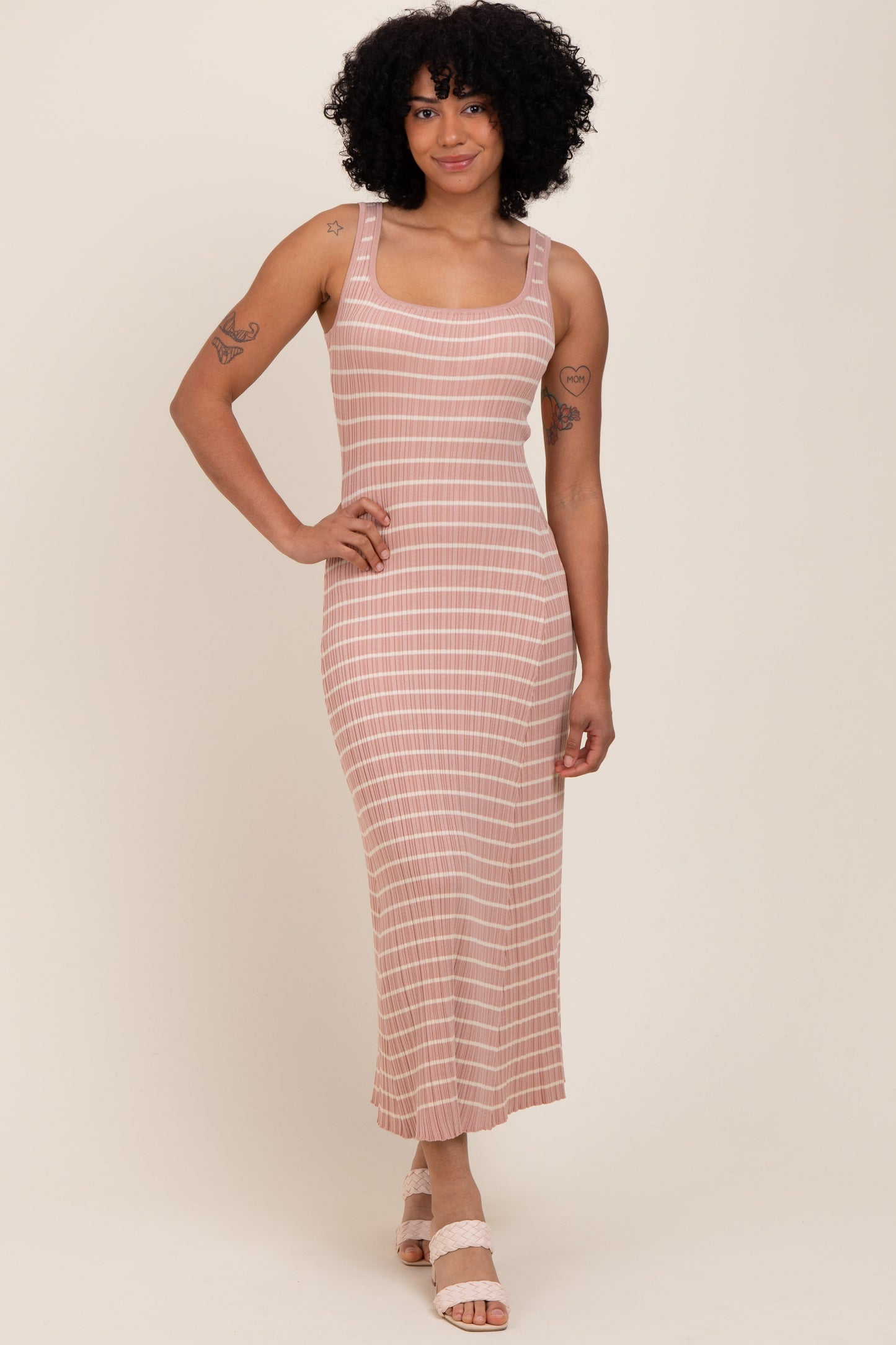 Blush/Cream Lightweight Rib Fit And Flare Maternity Midi Dress
