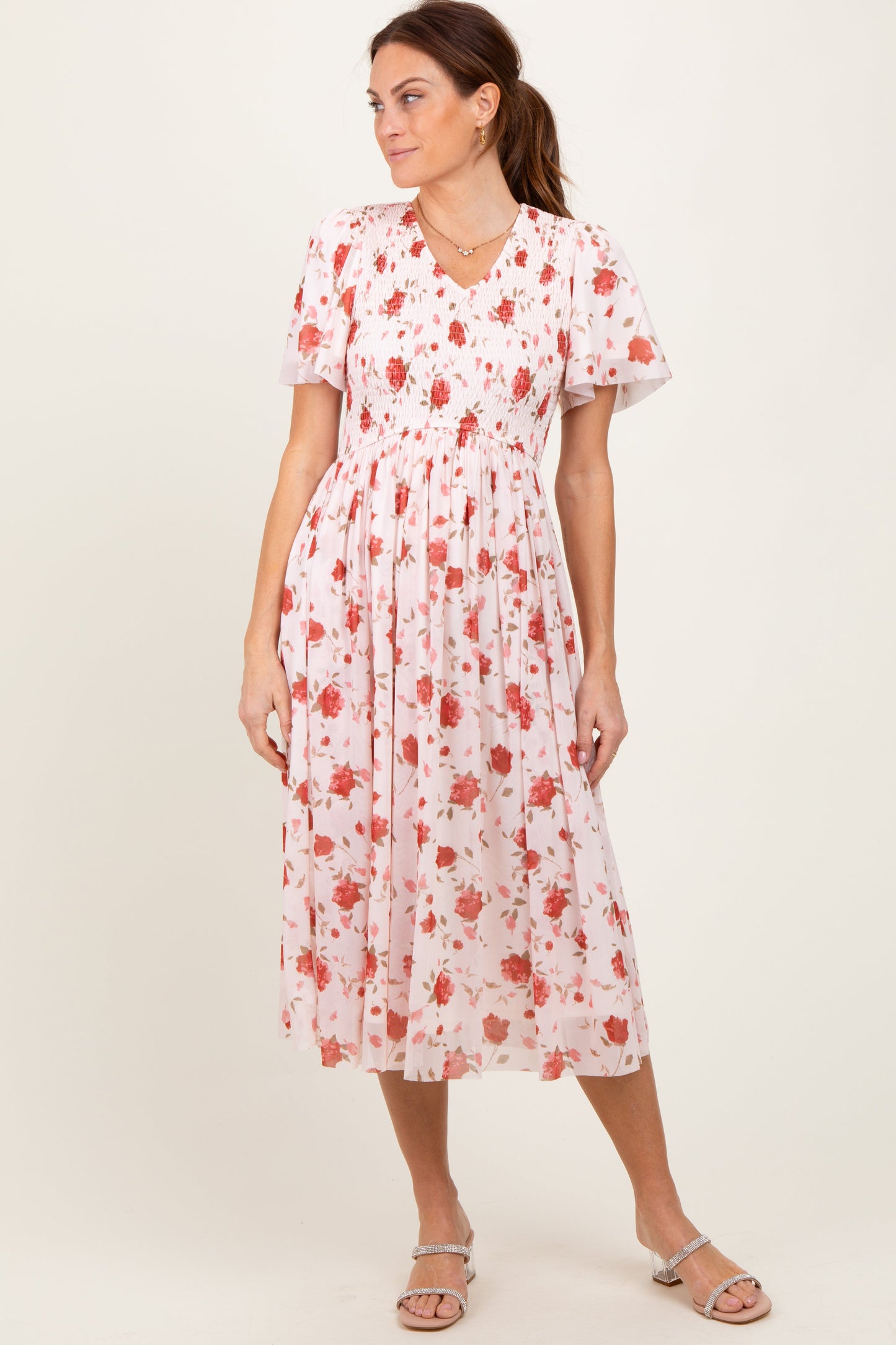 Light Pink Floral Smocked V-Neck Maternity Midi Dress
