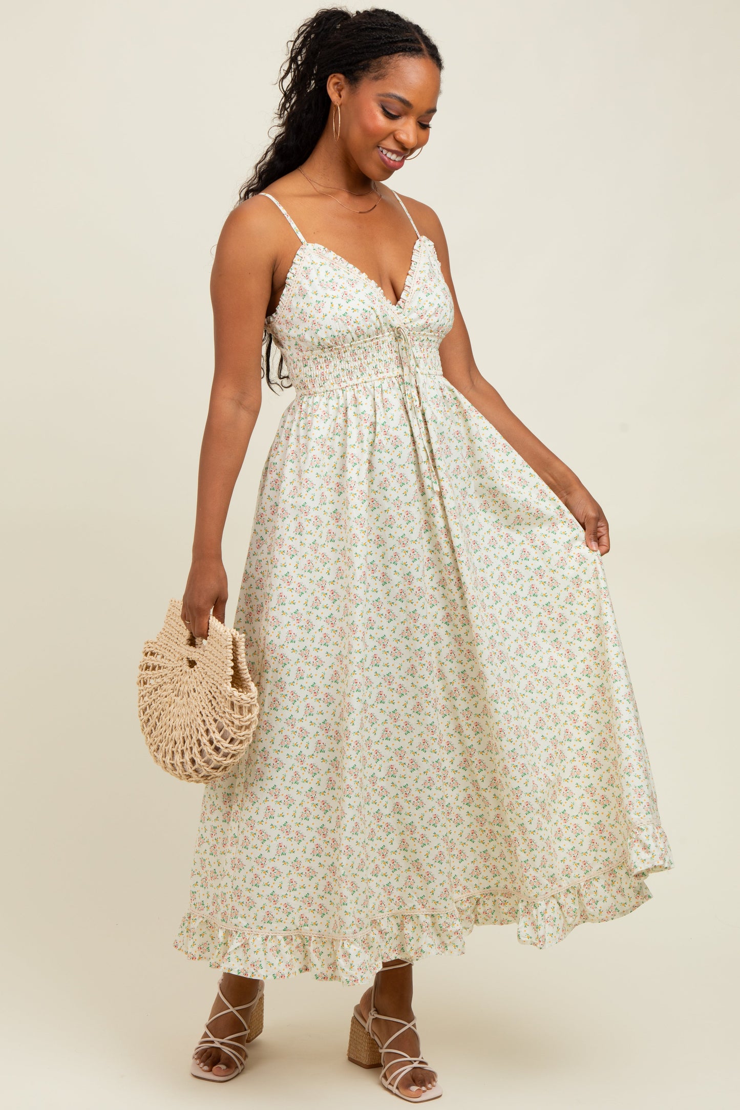 Pink Floral Smocked Waist Ruffle Accent Maternity Midi Dress