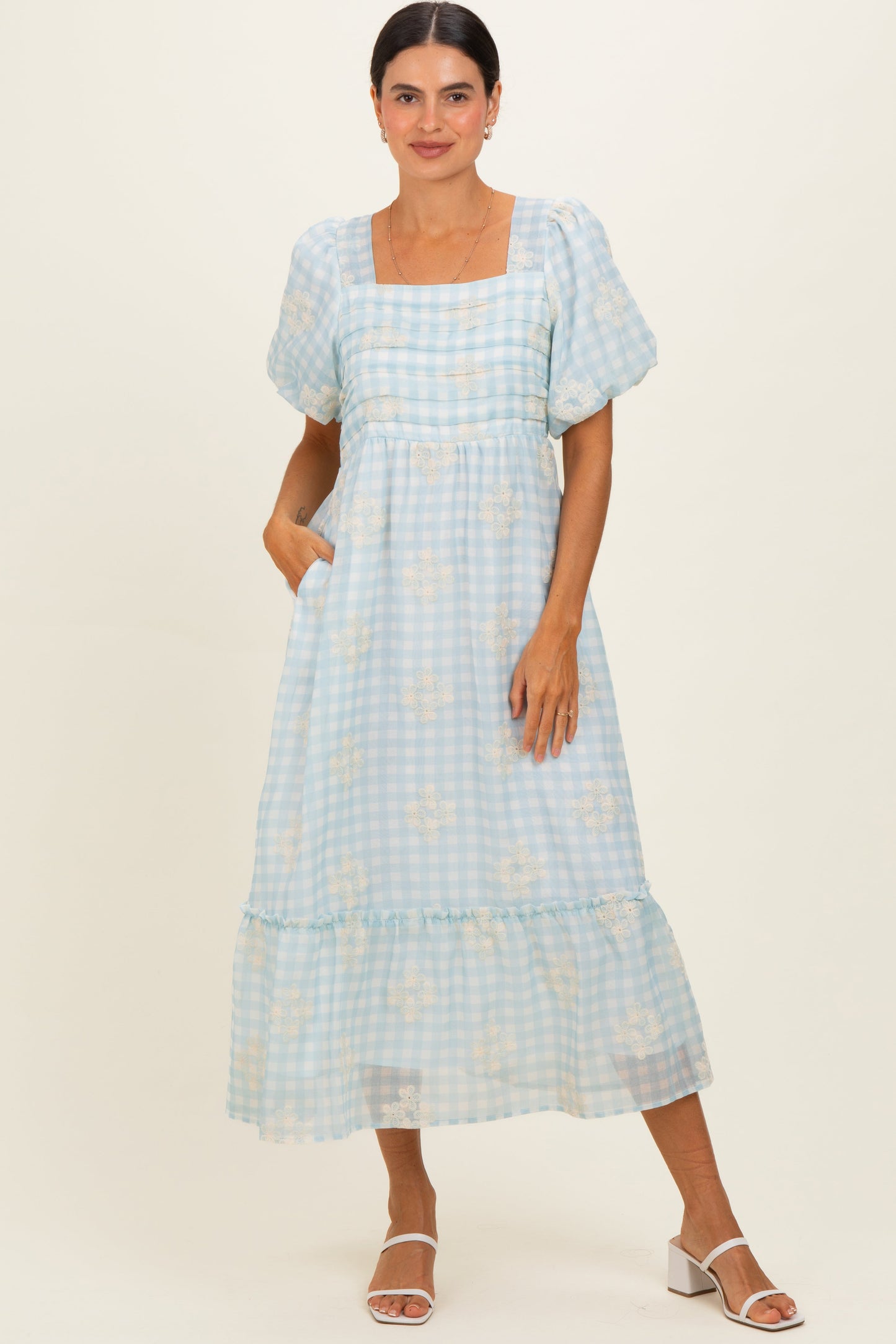 Light Blue Gingham Pleated Square Neck Maternity Midi Dress