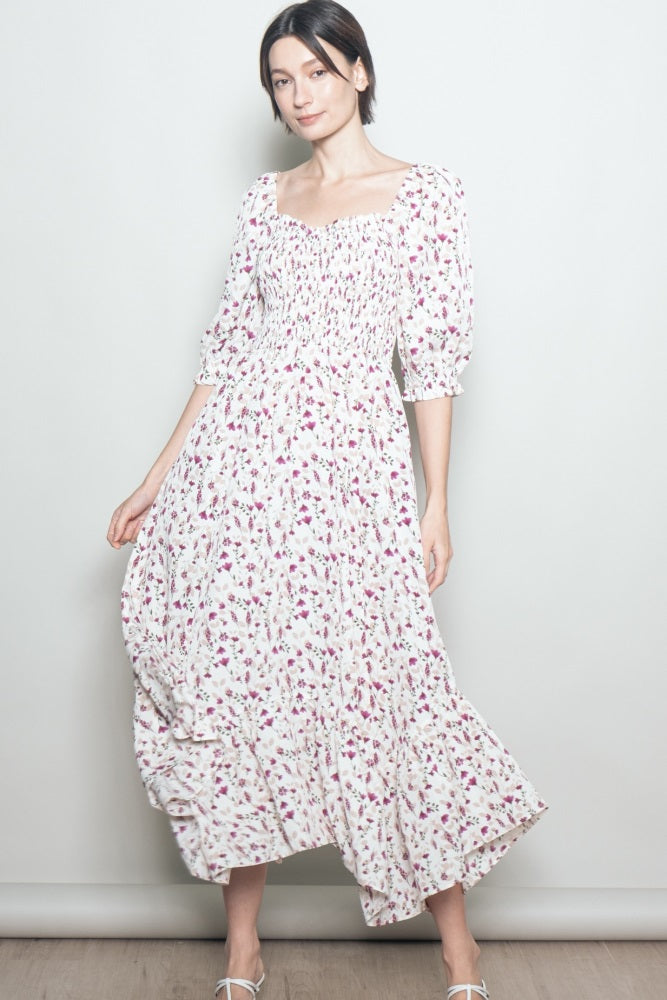 Cream Floral Smocked Handkerchief Hem Maternity Maxi Dress