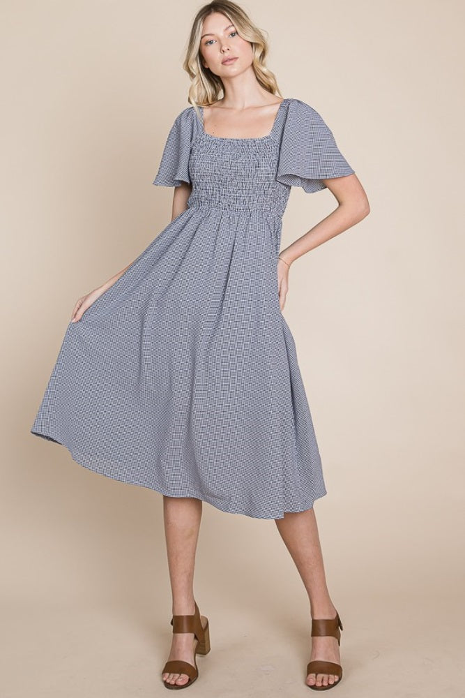 Navy Gingham Smocked Maternity Midi Dress