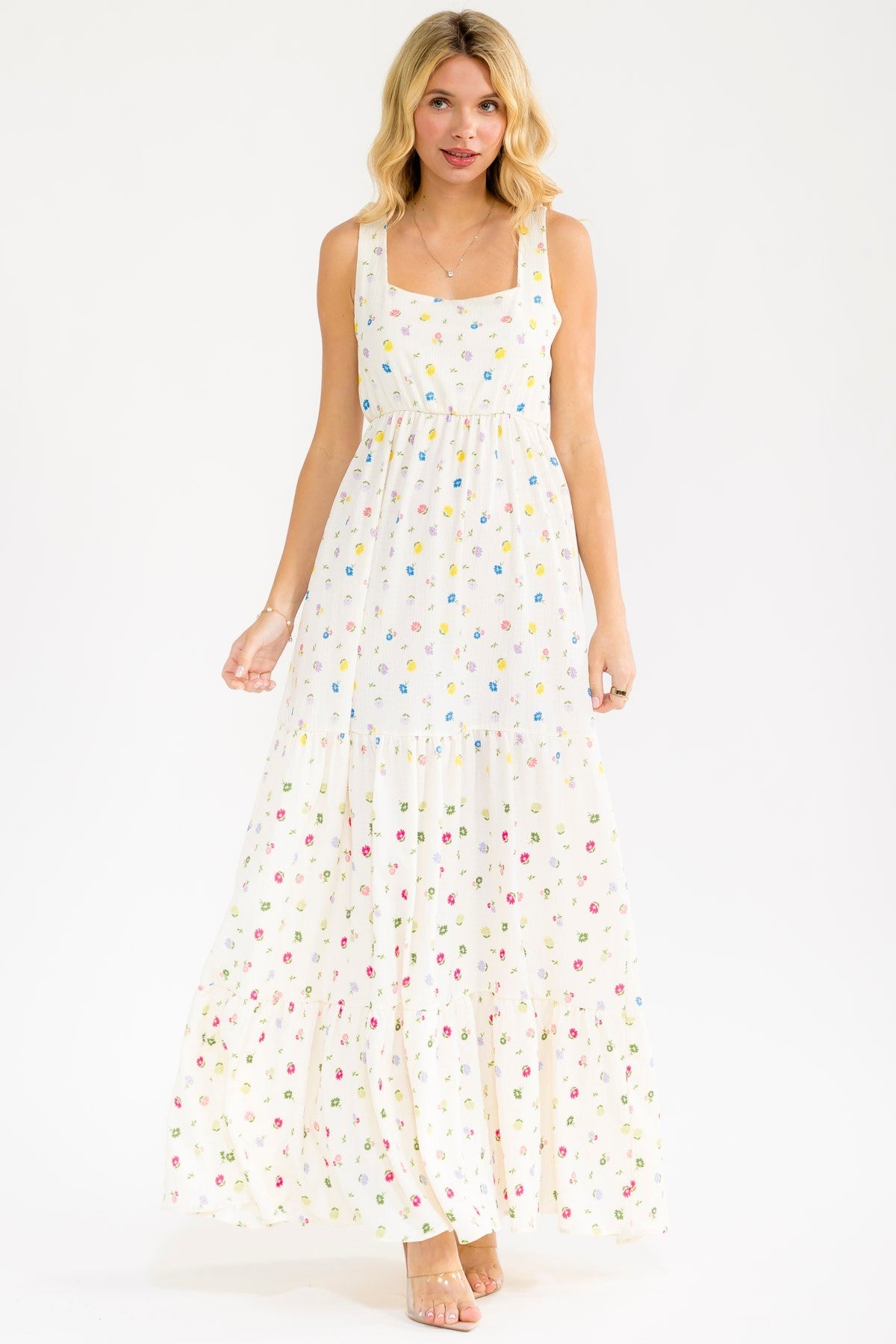 Ivory Floral Tiered Shoulder Tie Maternity Maxi Dress