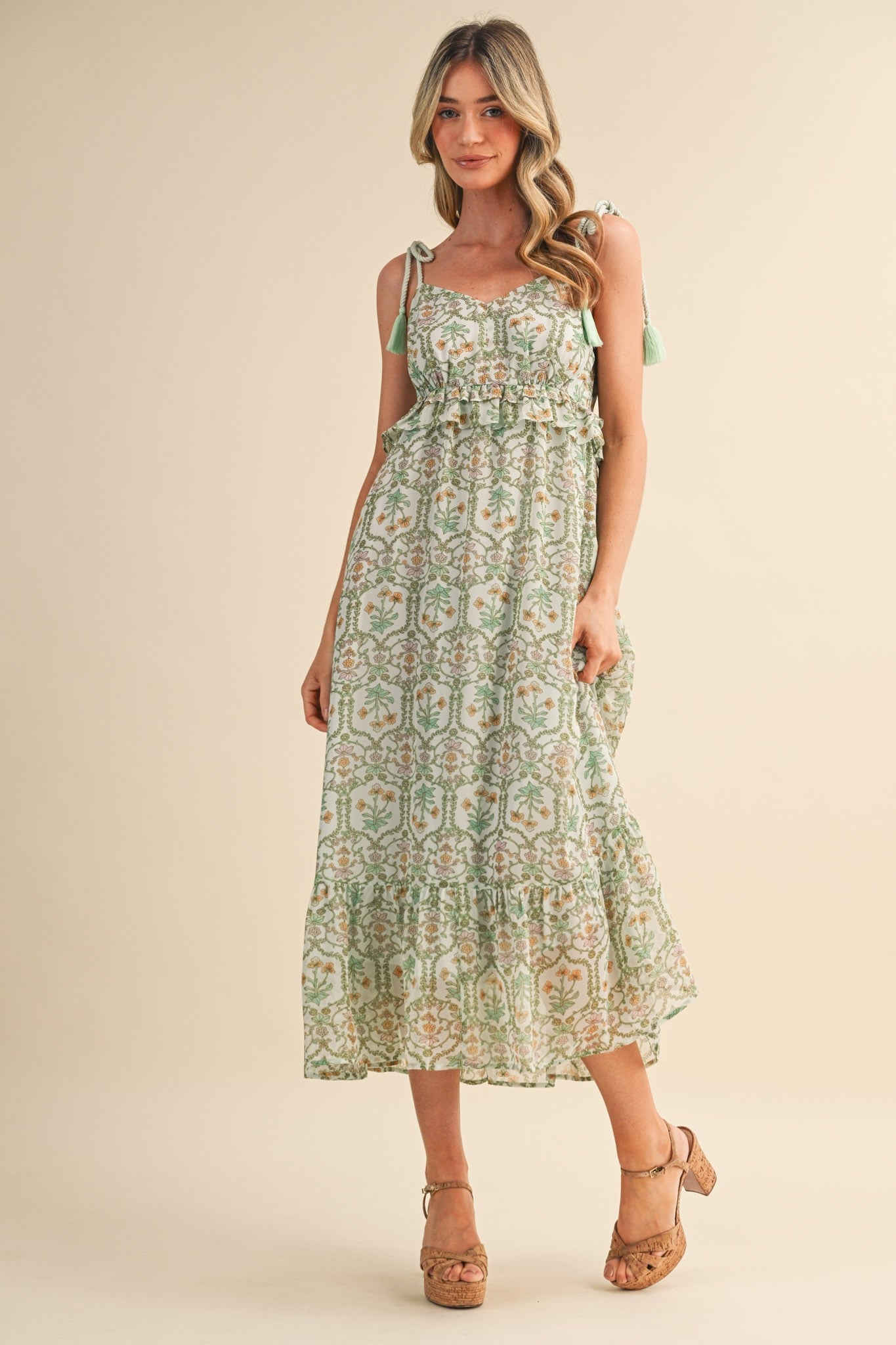 Light Mint Floral Tassel Strap Maternity Midi Dress