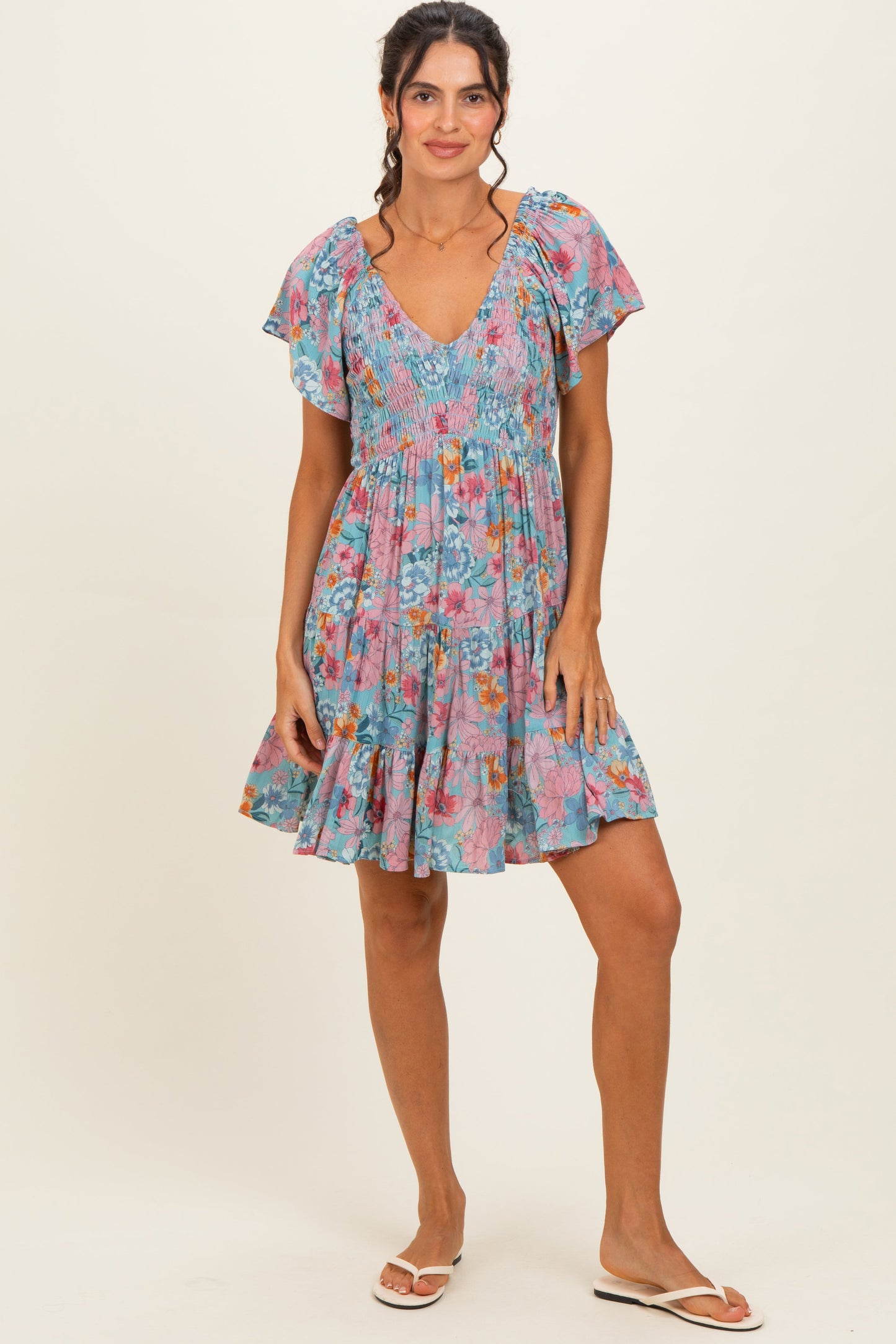 Teal V Neck Smocked Bust Short Sleeve Short Maternity Dress