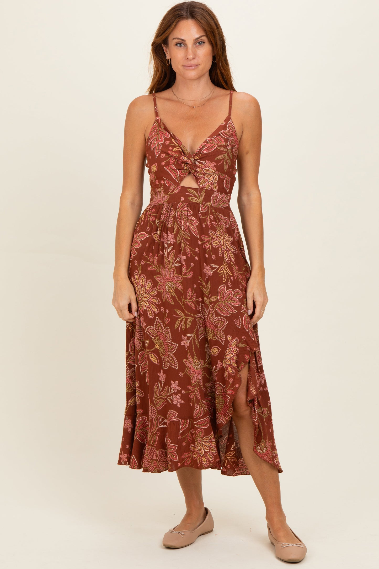 Brown V Neck Twist Front Cut Out Side Ruffle Slit Maternity Midi Dress