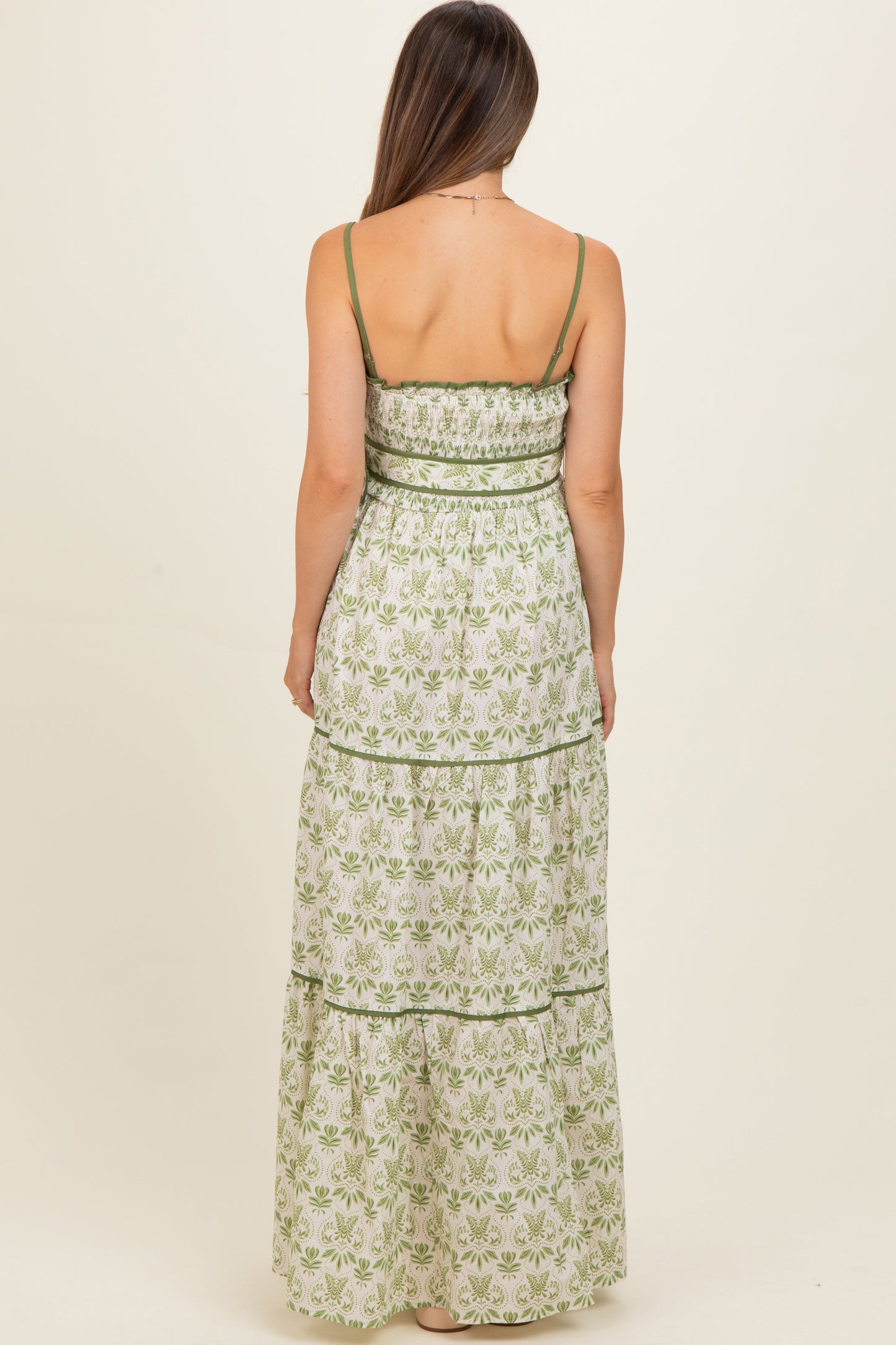 Green Printed Smocked Maternity Maxi Dress