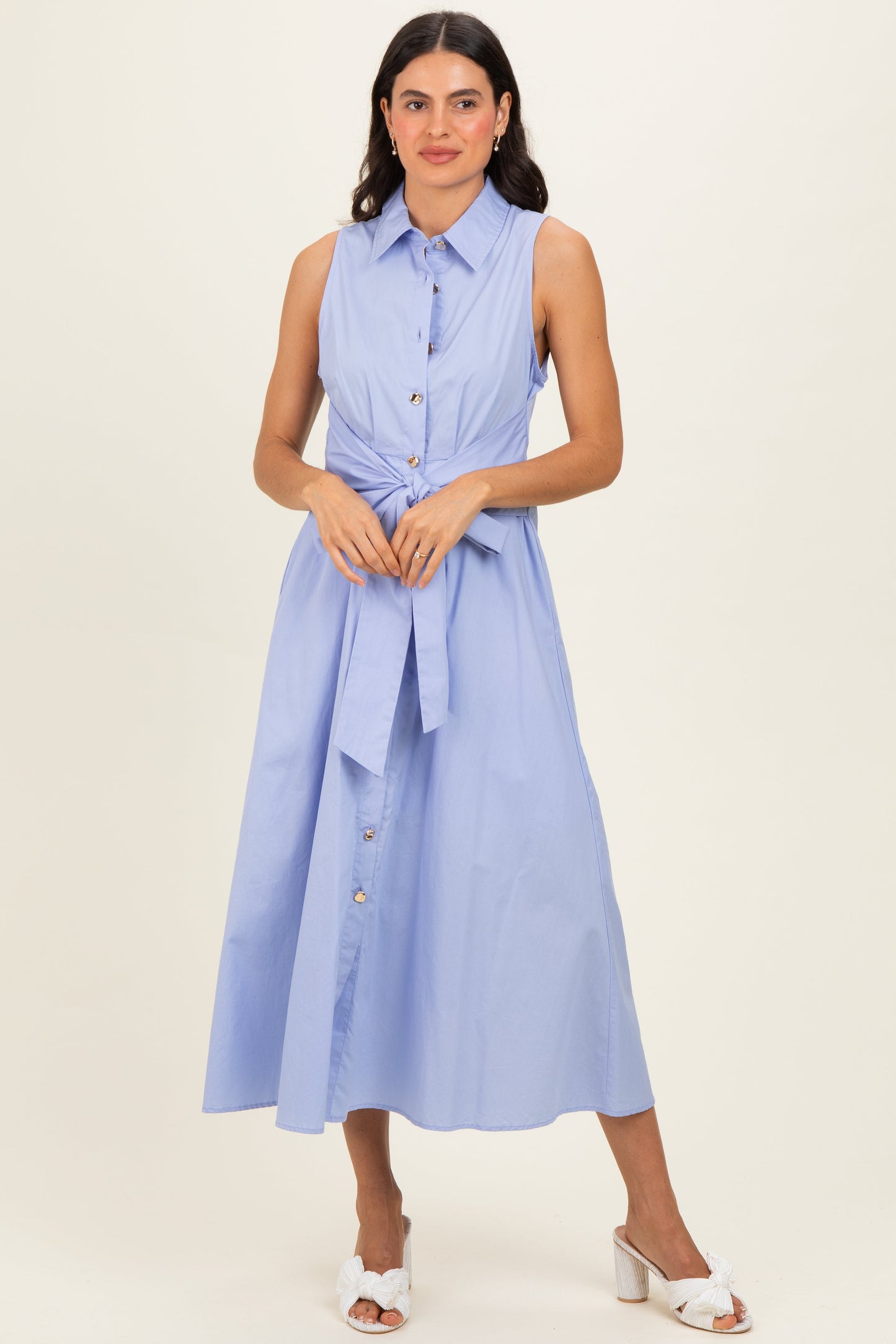 Chambray Button Up Sleeveless Maternity Midi Dress