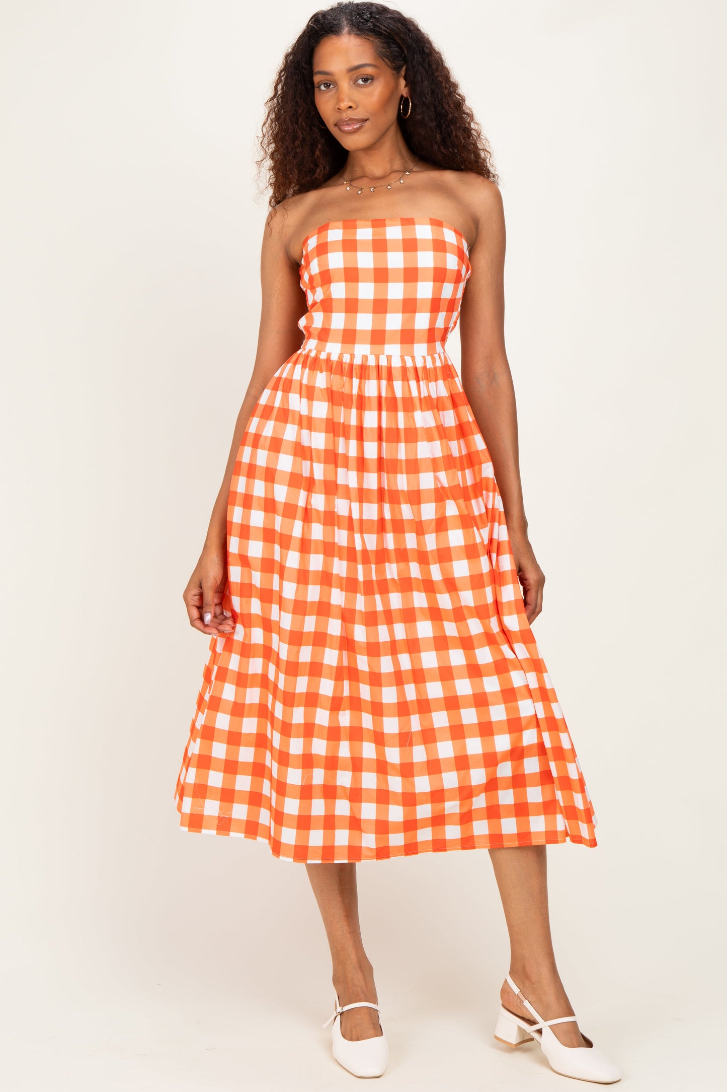 Orange Gingham Strapless Maternity Midi Dress