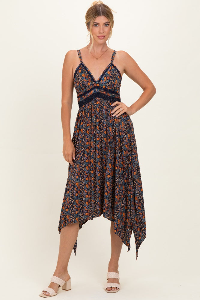 Navy Floral V-Neck Lace Trim Handkerchief Hem Maternity Dress