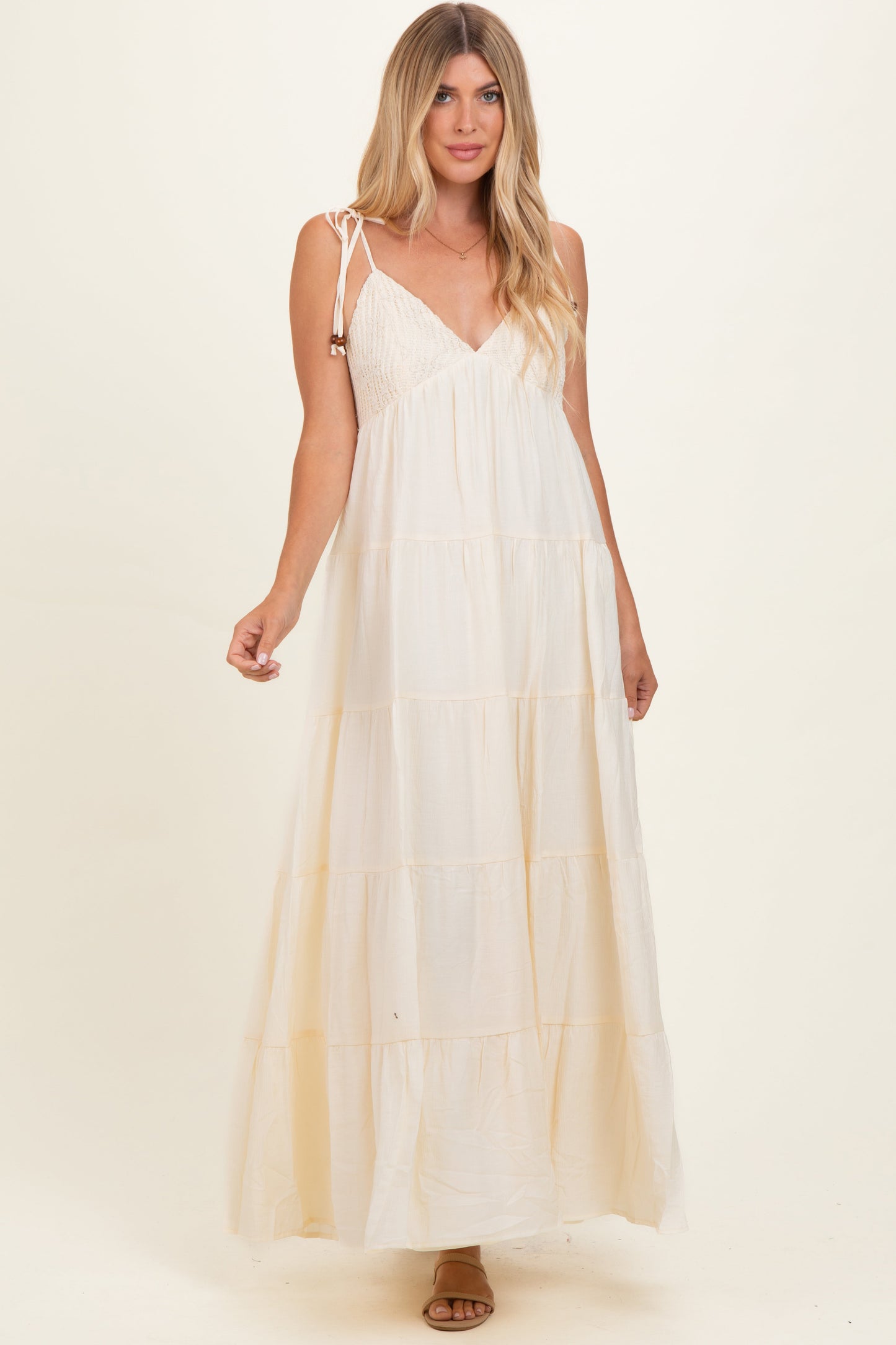 Cream Crochet Detail Tiered Shoulder Tie Maternity Maxi Dress