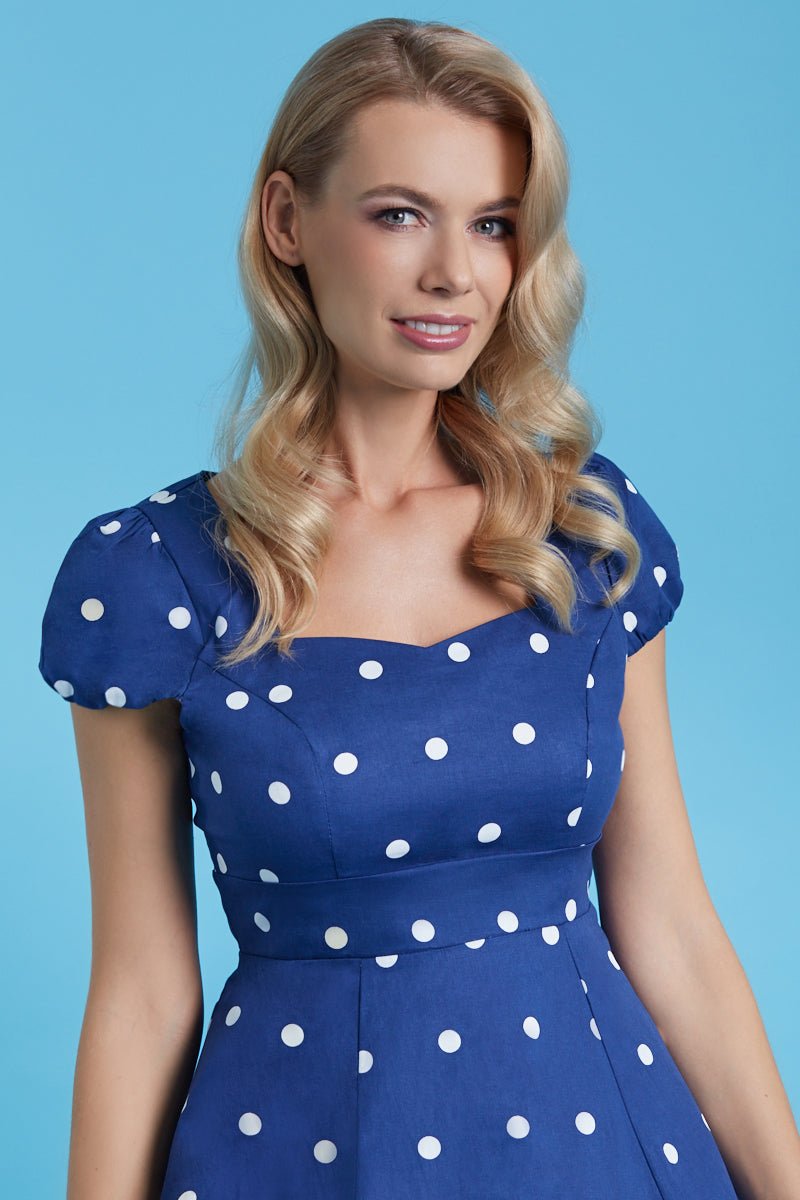 Claudia Flirty Fifties Style Polka Dot Dress In Navy-White