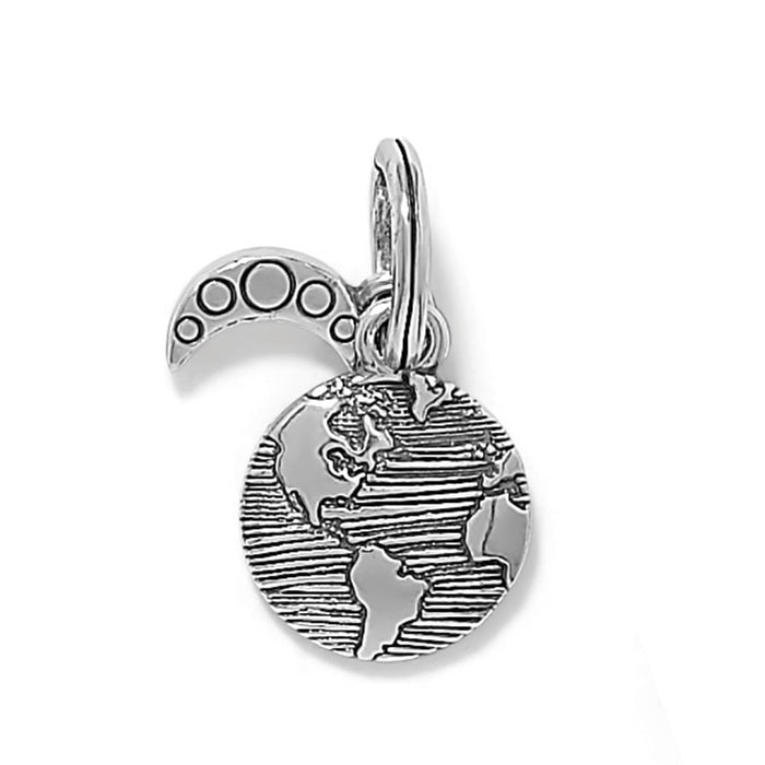 Brighton charm with silver-plated globe pendant and crescent moon accent featuring engraved details on a white background
