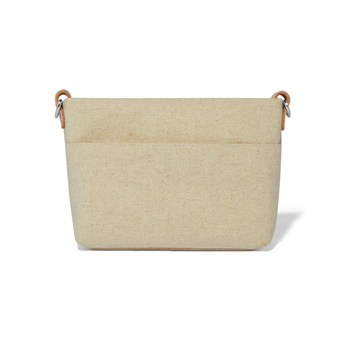 Brighton handbag organizer insert shown from the back in beige canvas with leather loops and silver-tone rings on a white background