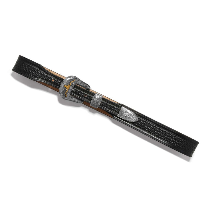 Brighton black leather belt with basketweave embossing, engraved silver-tone buckle, keeper, and tip on a white background