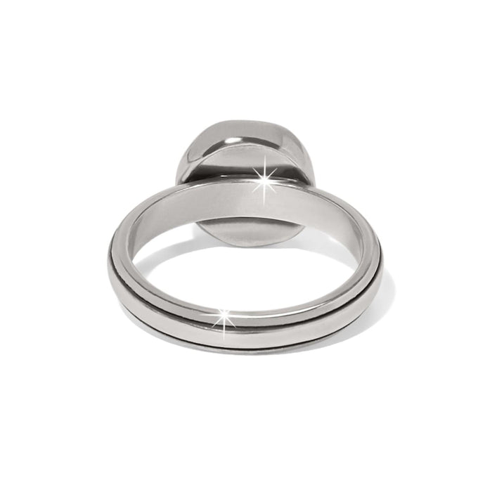 Brighton ring shown from the back with polished two-tone band and rounded centerpiece on a white background