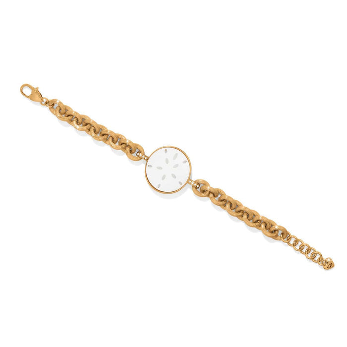 Brighton gold-plated chain bracelet with mother of pearl shell sand dollar medallion and crystal accents on a white background