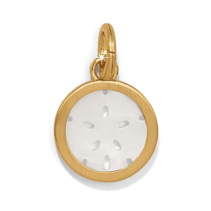 Brighton sand dollar charm with mother-of-pearl shell center and gold-plated frame on a white background