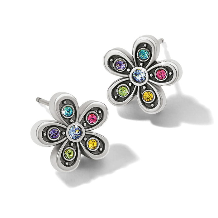 Brighton silver-plated flower stud earrings with multicolor crystal petals and blue crystal centers on a white background