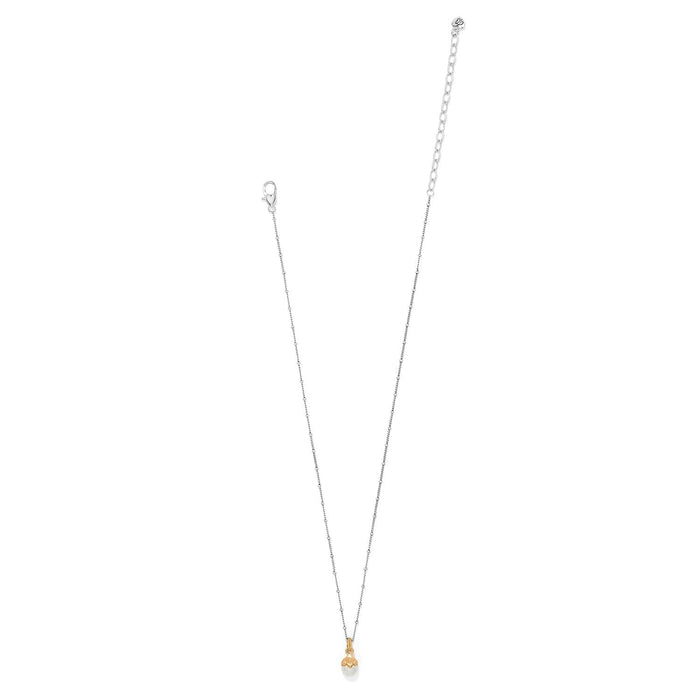 Brighton pendant necklace with glass pearl drop, gold-plated floral cap, and silver-tone beaded chain on a white background