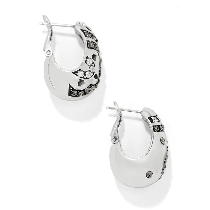 Brighton hoop earrings with silver-plated finish and crystal accents shown from two angles on a white background