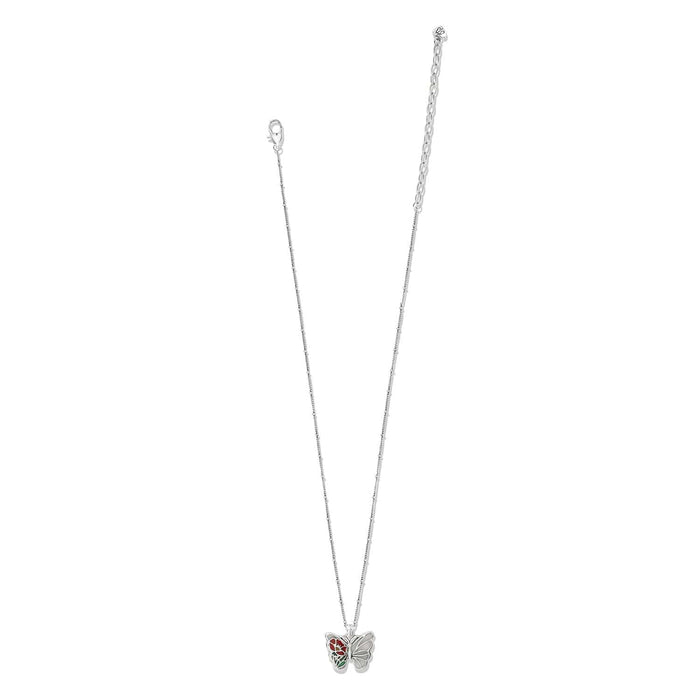 Brighton silver-plated pendant necklace with enamel butterfly featuring red and green wing details on a white background