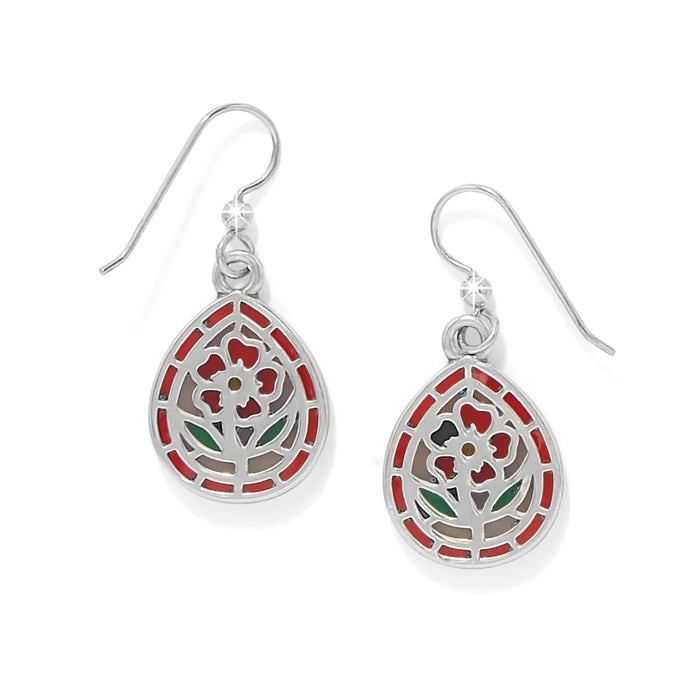 Brighton drop earrings with silver-plated teardrop frames featuring red floral stained-glass style design on a white background