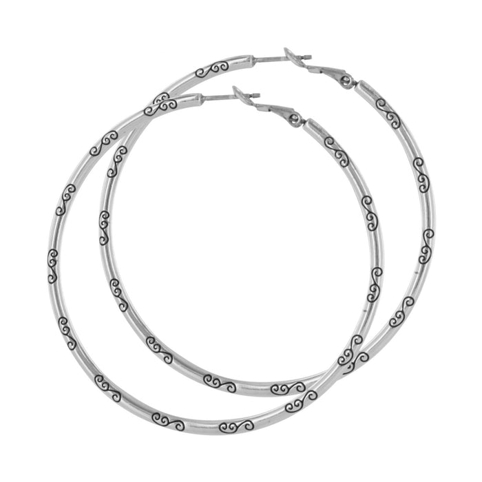 Brighton hoop earrings in silver-tone finish with engraved scroll detailing along the bands on a white background