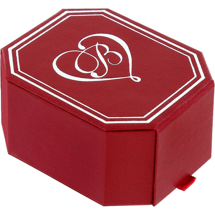 Brighton red presentation gift box with white scroll heart monogram and decorative border on a white background