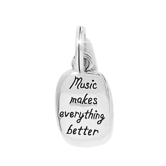 Brighton charm with silver-plated finish engraved with the phrase Music makes everything better on a white background