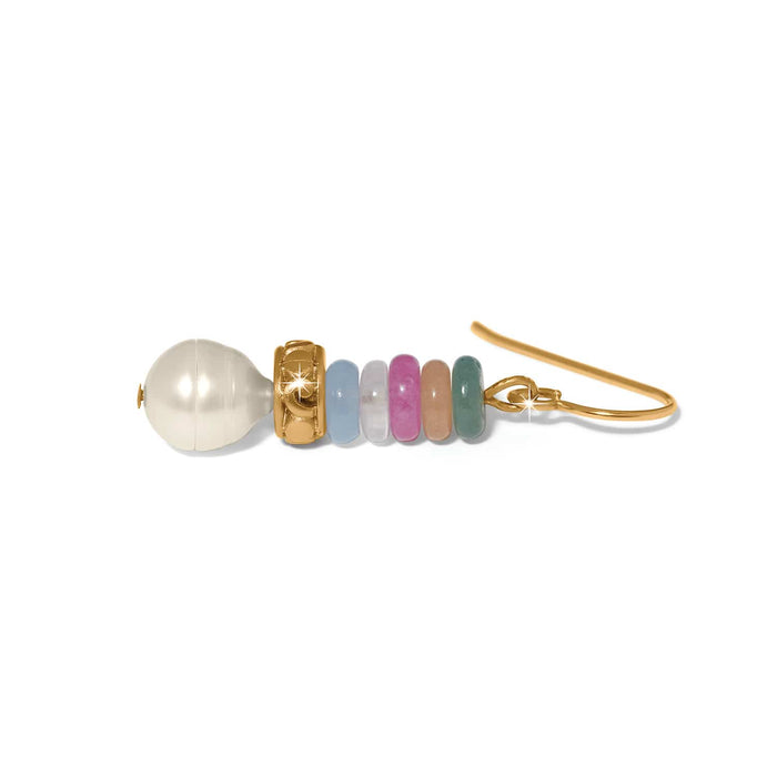 Brighton drop earrings with glass pearl, gold-plated accent, and multicolored jade and quartz beads on a white background