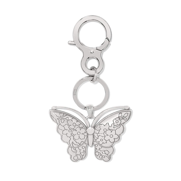 Brighton keychain with silver-plated butterfly charm featuring engraved floral wing detail and lobster clasp on a white background