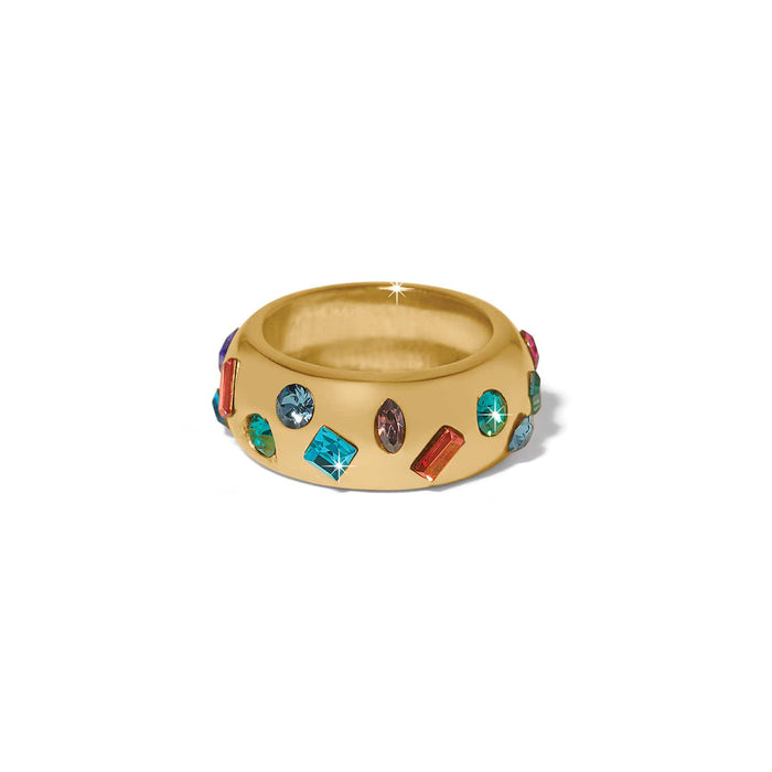 Brighton gold-plated band ring with multicolored crystals in assorted shapes scattered across the surface on a white background