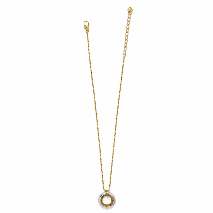 Brighton pendant necklace with two-tone open circle pendant and gold-tone box chain on a white background