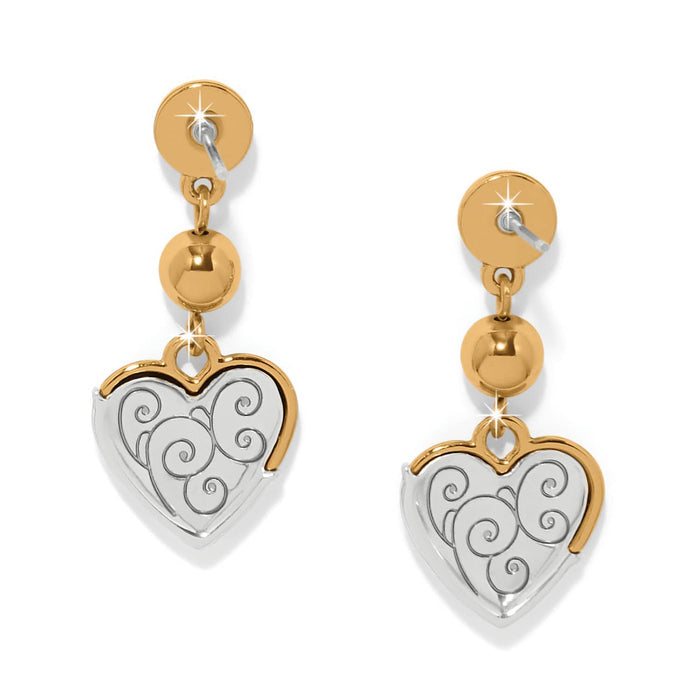 Brighton drop earrings with gold-plated beads and silver-plated heart charms featuring engraved swirl details on a white background