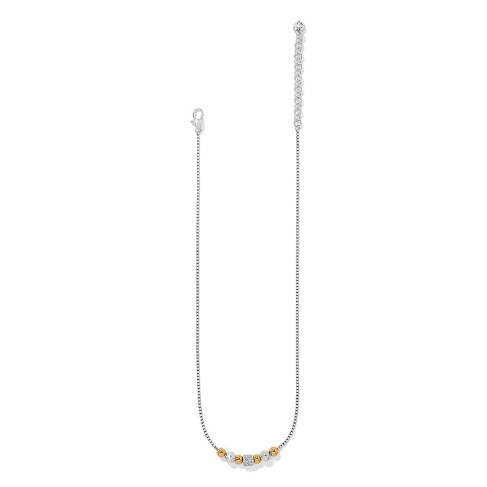 Brighton necklace with silver-tone box chain, gold and silver beads, and crystal pavΓ© accent on a white background