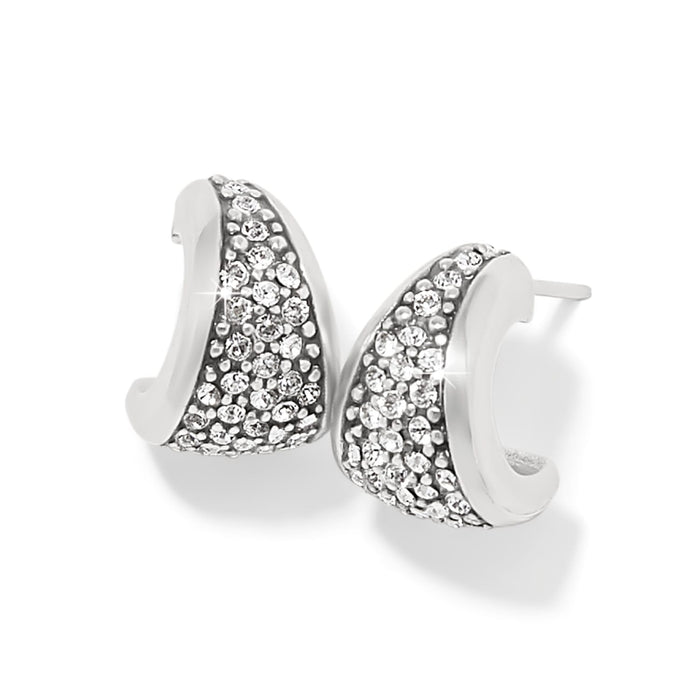 Brighton hoop earrings with silver-plated finish and pavΓ© crystal accents in a tapered curved design on a white background
