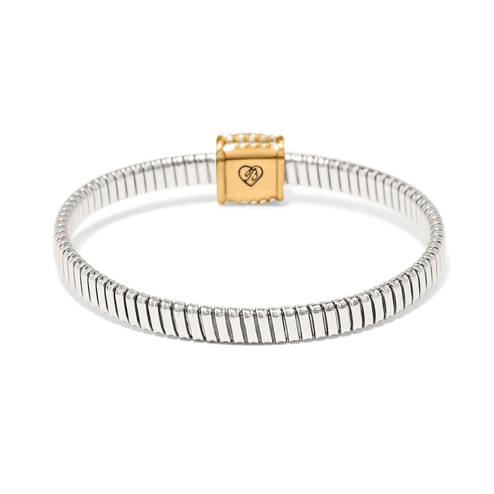 Brighton bracelet with silver-plated ribbed band and gold-plated crystal accent station featuring engraved heart logo on a white background