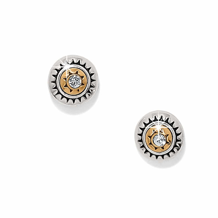 Brighton stud earrings with two-tone silver and gold sunburst design centered with a crystal on a white background