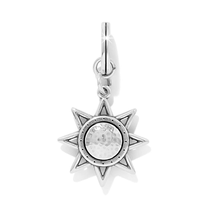 Brighton star charm with hammered silver-plated center disc and eight-point pointed frame on a white background