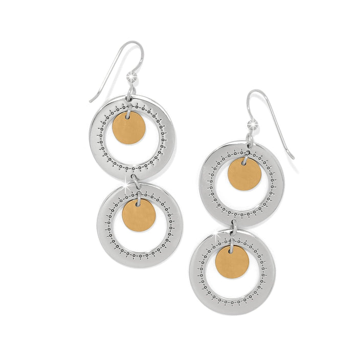 Brighton drop earrings with two-tone double silver hoops and gold-tone discs with detailed openwork on a white background