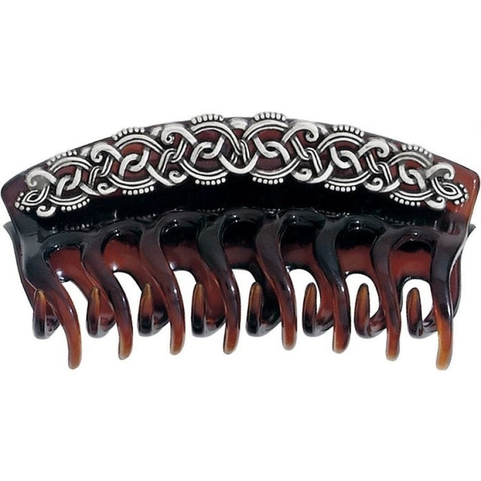 Brighton tortoise hair claw clip with ornate silver-tone scrollwork accents along the top on a white background
