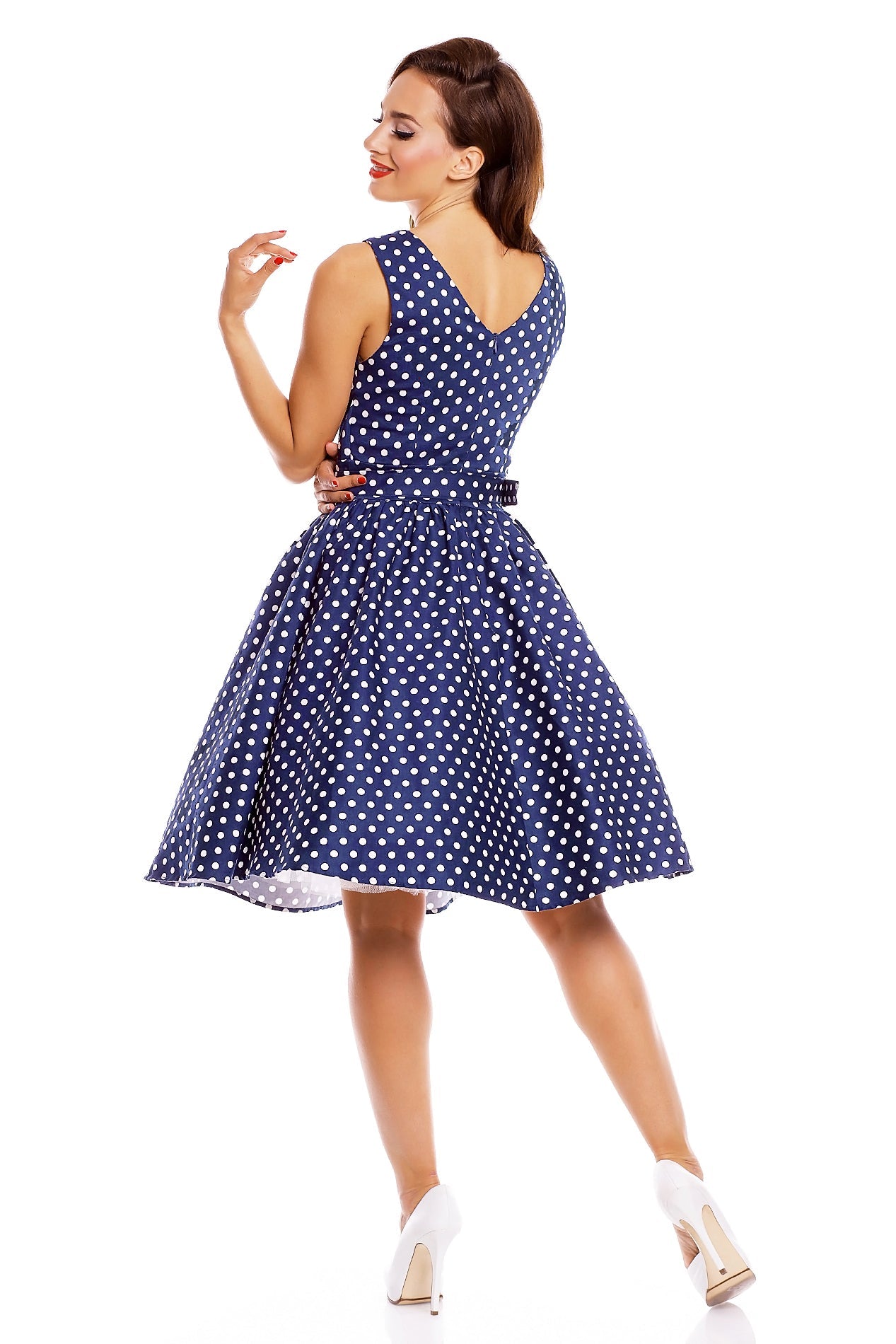 May Stylish Inspired Swing Dress in Dark Blue Polka Dots