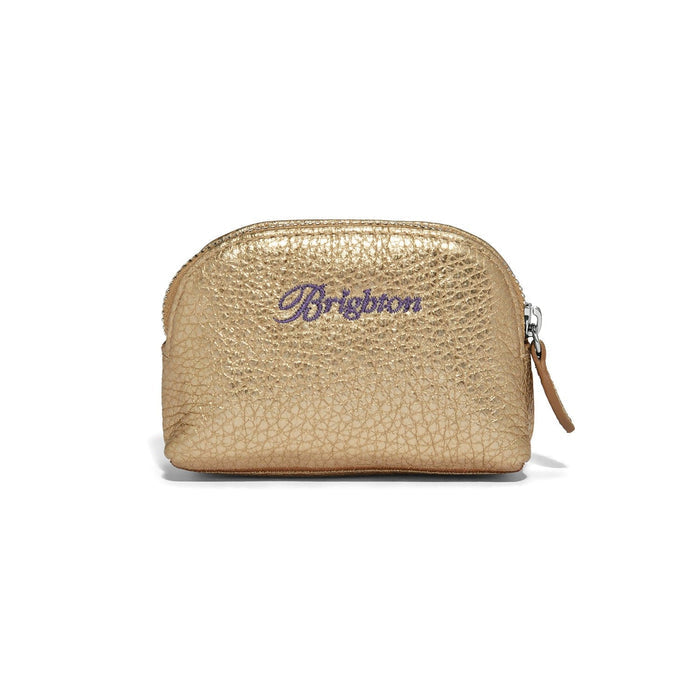 Brighton pouch in textured metallic gold with embroidered logo, side zipper, and leather pull on a white background