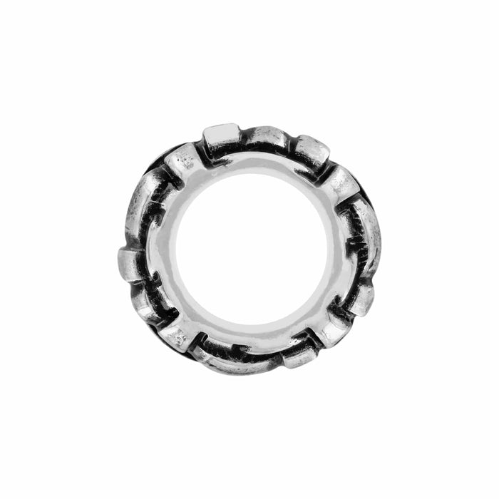 Brighton silver-plated spacer bead with textured openwork design and circular opening shown on a white background