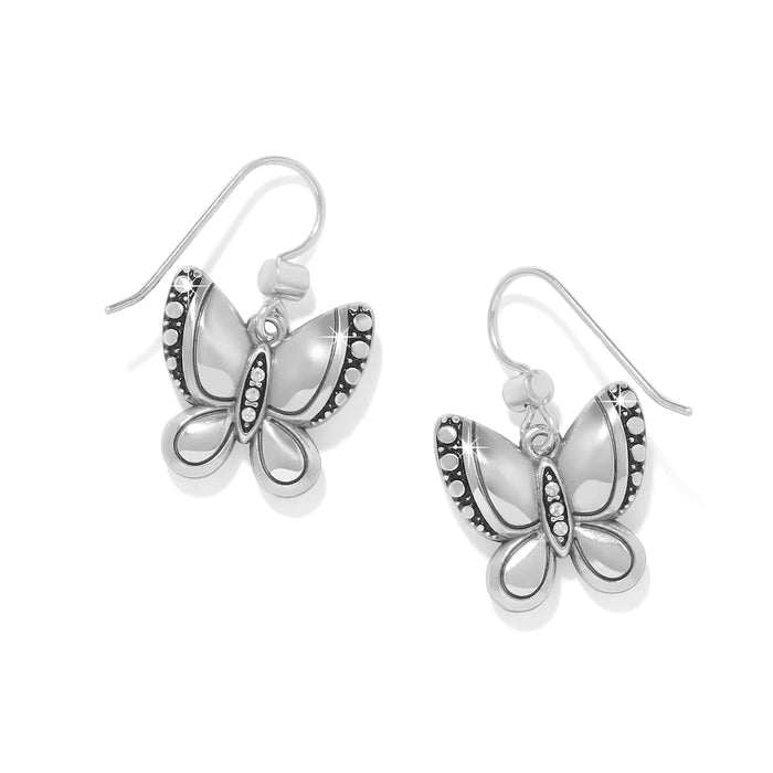 Brighton butterfly drop earrings with silver-plated finish, beaded wing borders, and crystal body accents on a white background