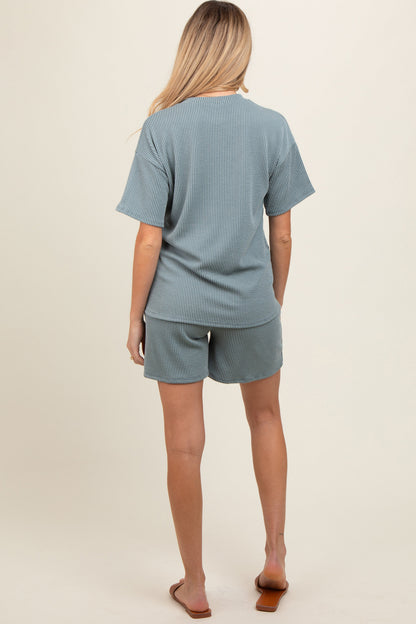Teal Ribbed Short Sleeve Maternity Pajama Set