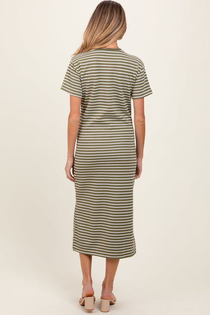 Olive Striped Short Sleeve Side Slit Maternity T-Shirt Midi Dress