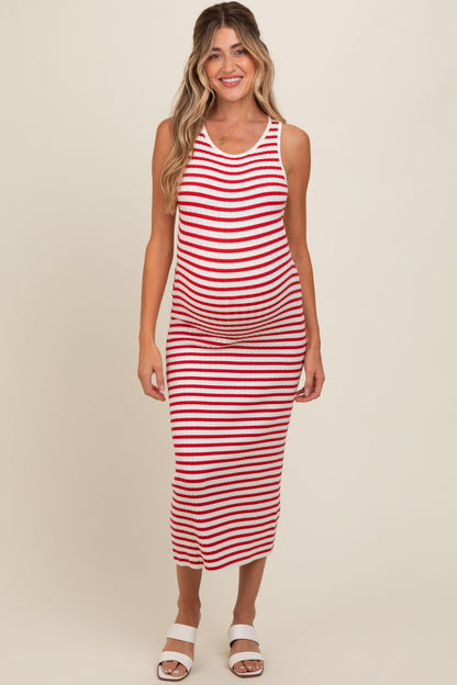 Red Sleeveless Round Neck Striped Rib Sweater Maternity Midi Dress